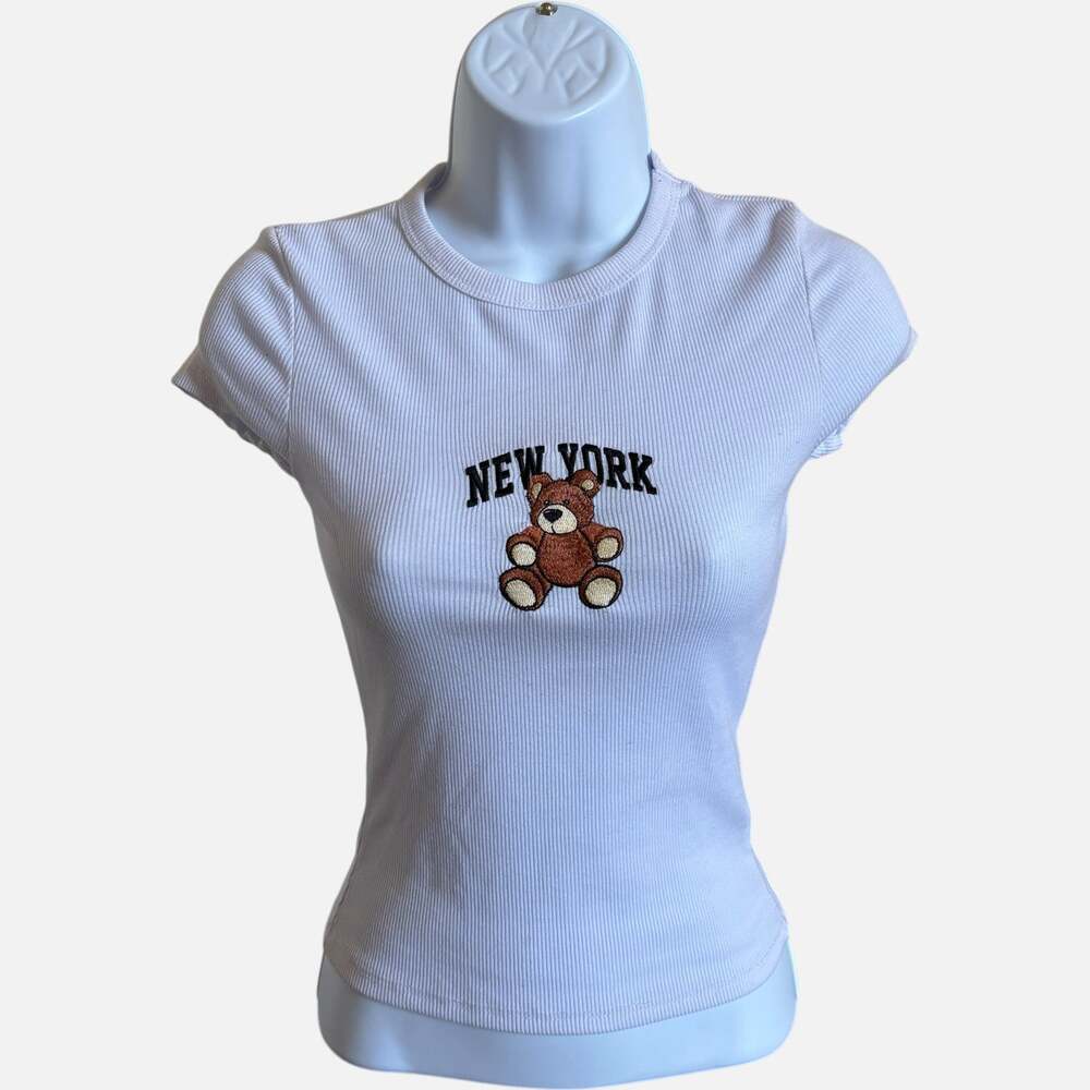 Harper & Ivy XS Y2K New York Teddy Bear Ribbed Baby Tee White Fitted
